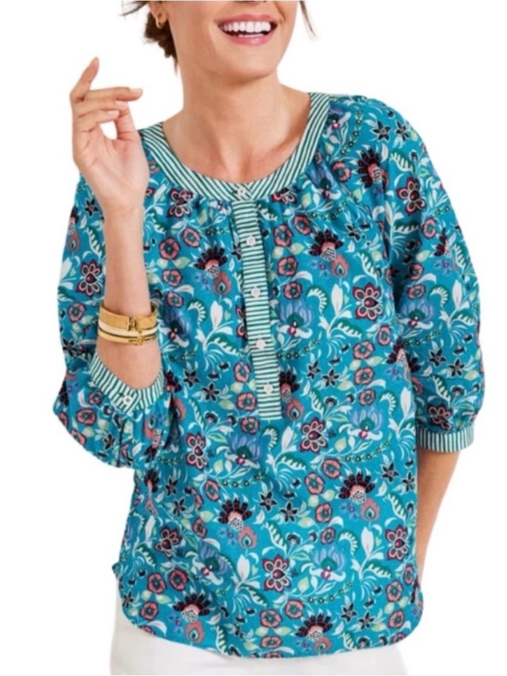 Talbots Teal Floral 3/4 Sleeve Button Tunic Top M